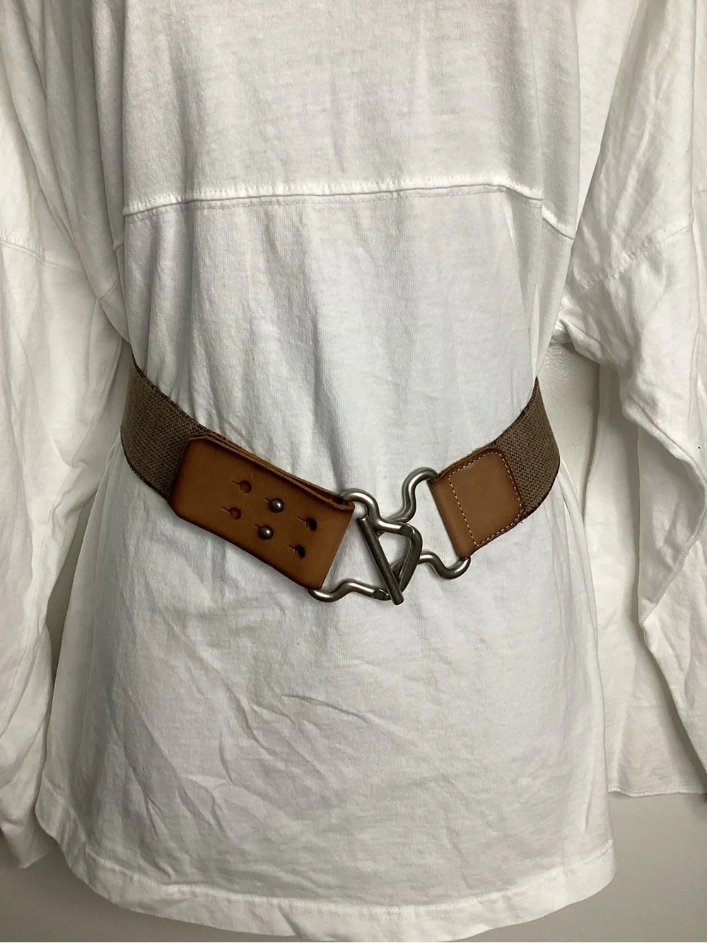 Fossil Brown Leather-Trim Canvas Belt with Sculpted Silver Hook L-XXL
